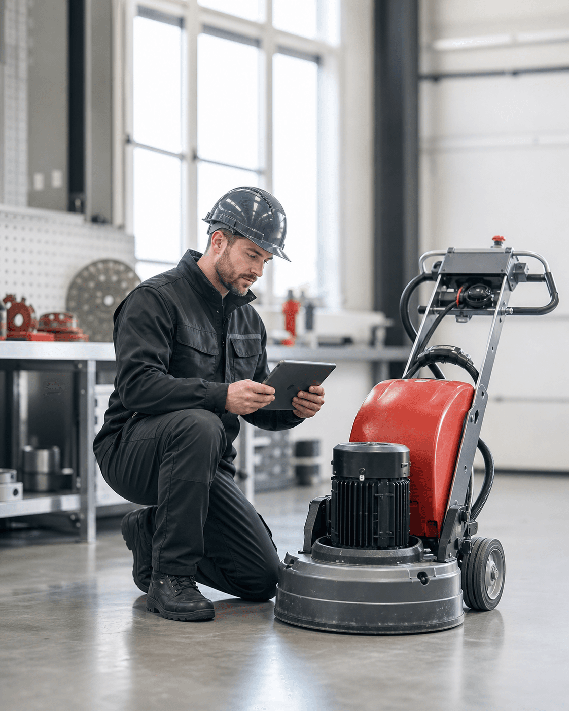 Service engineer inspecting floor grinding equipment